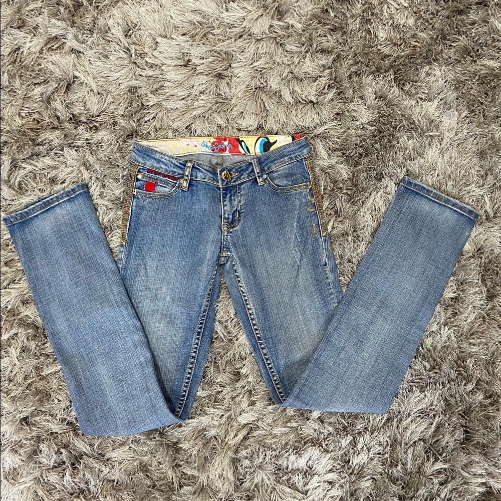 Pepe Jeans women blue painted space kids motives detailing. Size W 25. Used